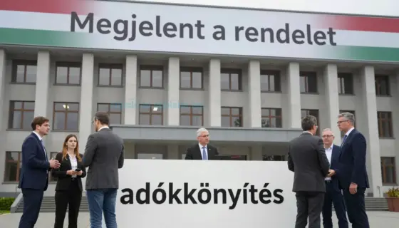 A modern Hungarian government building with a large banner displaying 'Megjelent a rendelet' and a prominent sign showing 'adókönnyítés' in bold letters, surrounded by people in business attire discussing, with a subtle Hungarian flag motif in the background
