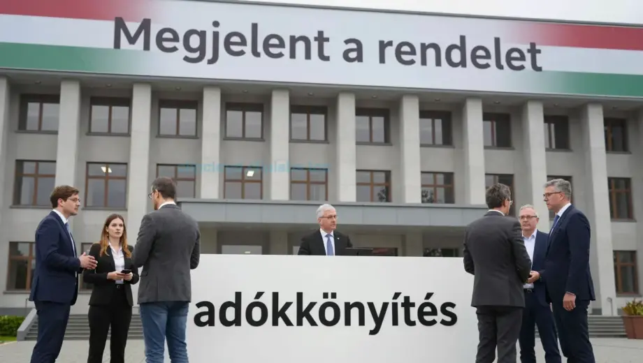 A modern Hungarian government building with a large banner displaying 'Megjelent a rendelet' and a prominent sign showing 'adókönnyítés' in bold letters, surrounded by people in business attire discussing, with a subtle Hungarian flag motif in the background