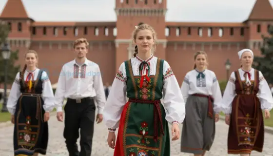 A group of people in traditional Hungarian folk costumes standing in front of the historic Kreml building in Budapest, with subtle motion blur suggesting they are moving past each other, vibrant colors, detailed textures, no text or numbers visible