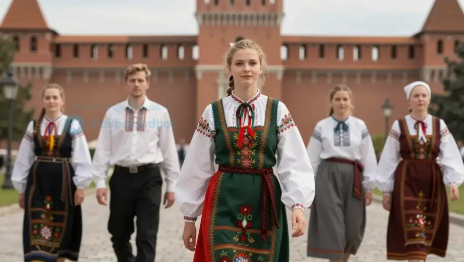 A group of people in traditional Hungarian folk costumes standing in front of the historic Kreml building in Budapest, with subtle motion blur suggesting they are moving past each other, vibrant colors, detailed textures, no text or numbers visible