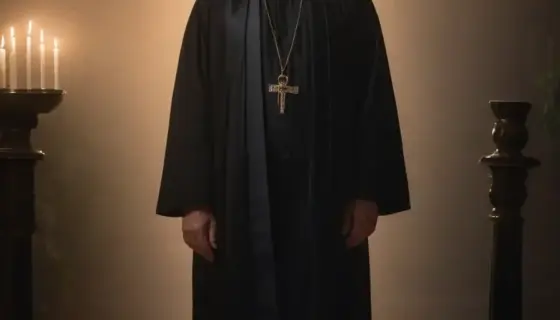 A solemn Jewish man standing alone in a dimly lit synagogue at twilight, wearing traditional black prayer garments and a tallit, holding an open Torah scroll, with soft candlelight casting gentle shadows, conveying reverence and introspection