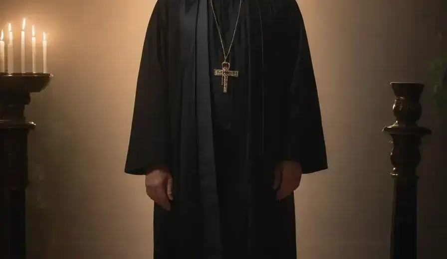 A solemn Jewish man standing alone in a dimly lit synagogue at twilight, wearing traditional black prayer garments and a tallit, holding an open Torah scroll, with soft candlelight casting gentle shadows, conveying reverence and introspection