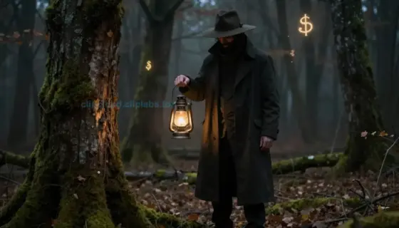 A mysterious figure named Szabó Kittit standing in a dimly lit, atmospheric forest at twilight, wearing a long dark coat and a wide-brimmed hat, face partially obscured by shadow, holding an old lantern that casts a soft golden glow on moss-covered trees and fallen leaves, with faint glowing symbols floating in the air around them, evoking a sense of quiet magic and forgotten legend