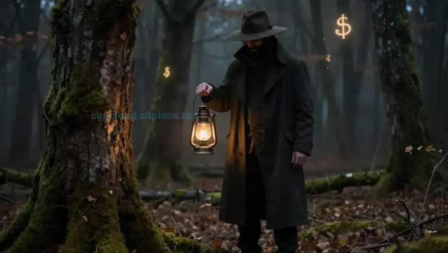 A mysterious figure named Szabó Kittit standing in a dimly lit, atmospheric forest at twilight, wearing a long dark coat and a wide-brimmed hat, face partially obscured by shadow, holding an old lantern that casts a soft golden glow on moss-covered trees and fallen leaves, with faint glowing symbols floating in the air around them, evoking a sense of quiet magic and forgotten legend