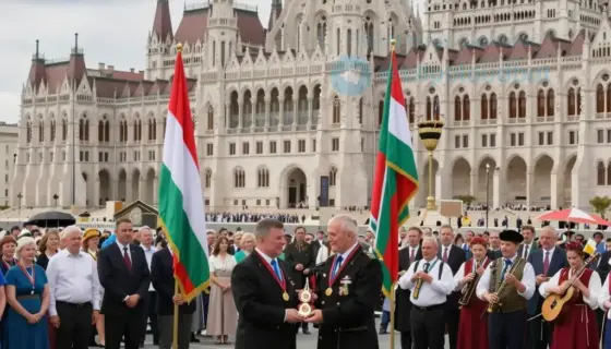 A grand public ceremony in Budapest honoring a hero, with a large crowd gathered in a historic square, flags and banners displaying Hungarian colors, a central figure receiving a medal or award, traditional Hungarian folk musicians playing, and a backdrop of iconic landmarks like the Hungarian Parliament Building and St. Stephen's Basilica under a bright daytime sky