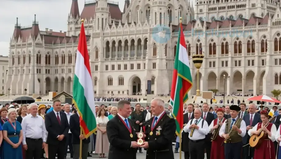 A grand public ceremony in Budapest honoring a hero, with a large crowd gathered in a historic square, flags and banners displaying Hungarian colors, a central figure receiving a medal or award, traditional Hungarian folk musicians playing, and a backdrop of iconic landmarks like the Hungarian Parliament Building and St. Stephen's Basilica under a bright daytime sky