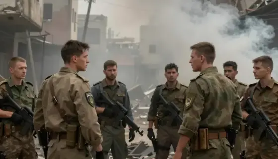 A dramatic cinematic scene depicting a tense confrontation between two opposing groups in a war-torn urban environment, with smoke rising from damaged buildings, debris scattered on the streets, and characters in military-style clothing engaged in a heated discussion or standoff, conveying the continuation of a conflict