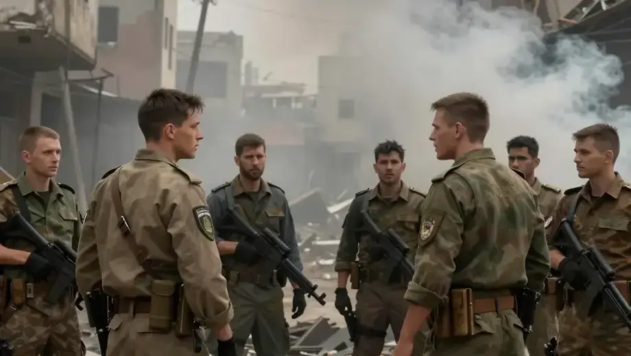 A dramatic cinematic scene depicting a tense confrontation between two opposing groups in a war-torn urban environment, with smoke rising from damaged buildings, debris scattered on the streets, and characters in military-style clothing engaged in a heated discussion or standoff, conveying the continuation of a conflict