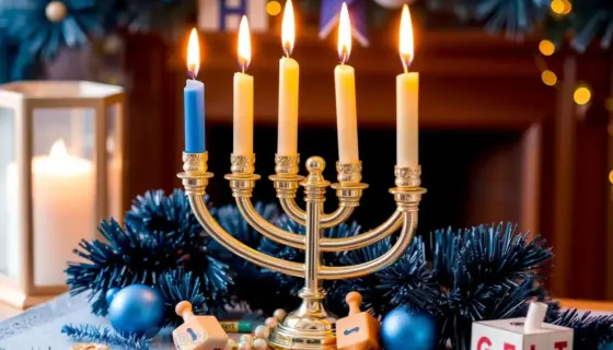 A vibrant Hanukkah menorah with nine lit candles, surrounded by traditional blue and white decorations, dreidels, and gelt, set against a warm, festive background