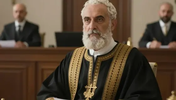 A historical scene depicting a prominent statesman or leader from Israel's history, portrayed in a dignified and authoritative manner, possibly in a formal setting such as a government hall or during a significant historical moment, with period-appropriate attire and symbolic elements representing leadership and national identity