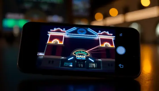 A close-up view of a smartphone screen displaying a photo of a building with LED lights, showing the afterimage effect where the lights appear as glowing trails or lingering light patterns after the photo was taken, realistic lighting and reflections