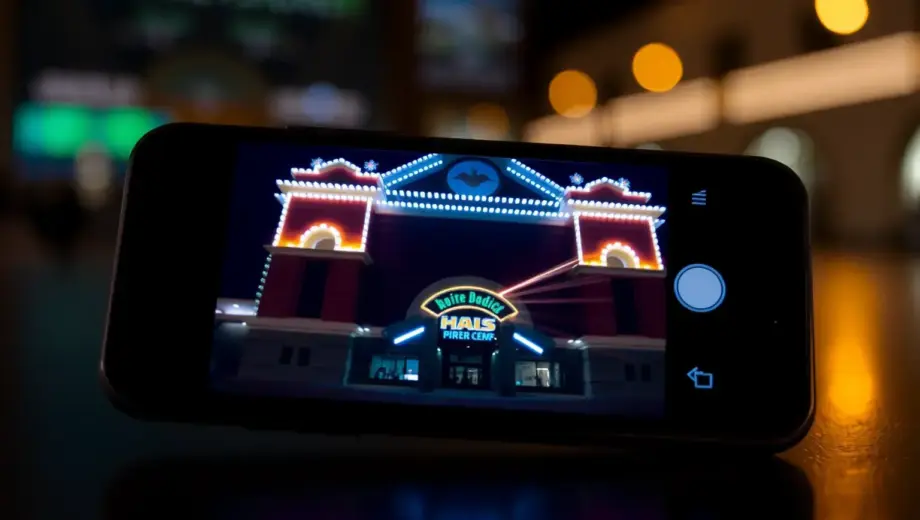 A close-up view of a smartphone screen displaying a photo of a building with LED lights, showing the afterimage effect where the lights appear as glowing trails or lingering light patterns after the photo was taken, realistic lighting and reflections