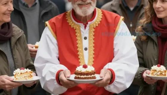 A smiling elderly man in a traditional Purim costume handing out pieces of cake to a group of diverse children in a festive street scene