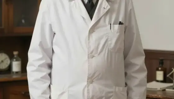 A portrait of an elderly male doctor (bácsi) with a kind expression, wearing traditional white medical coat and glasses, standing in a vintage-style clinic or hospital room with wooden furniture and medical equipment from the early 20th century, soft natural lighting, detailed realistic rendering