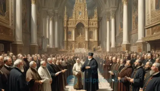 A historical illustration depicting Gulyás Gergely, a 19th-century Hungarian politician and reformer, engaged in religious affairs. He is shown in formal 19th-century attire, standing in a grand government hall or church setting, with other clergy and officials in the background. The scene conveys a serious, scholarly atmosphere, emphasizing his role in religious governance. Soft lighting, detailed period clothing, and architectural elements like stained glass windows or wooden paneling are visi