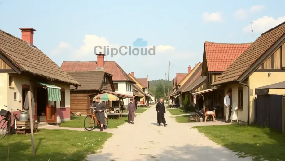 A serene, historically accurate depiction of a traditional Hungarian village (Görömböly) in the 1980s, showing peaceful daily life with people in period-appropriate clothing, modest homes with thatched or tiled roofs, a quiet main street, and a calm atmosphere reflecting the 'peaceful eighties' theme. Include subtle details like vintage bicycles, simple market stalls, and a clear sky to emphasize tranquility and nostalgia.