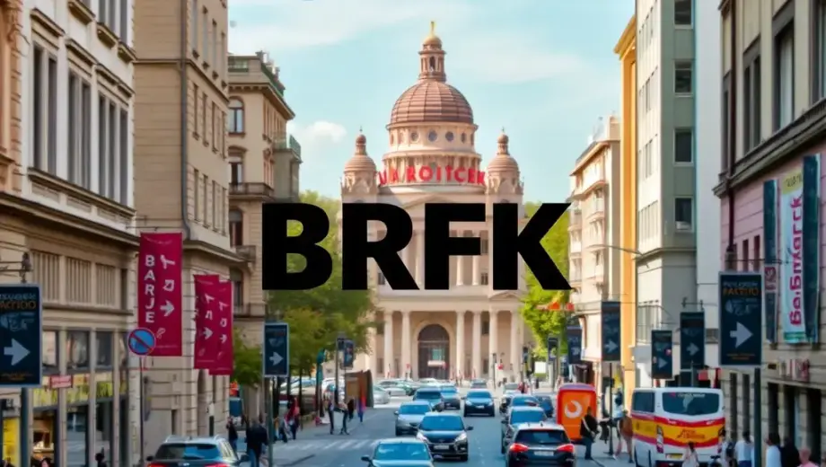 A modern street scene in Budapest, Hungary, showing a bustling city environment with the BRFK (Budapesti Rádió és Televízió Fővárosi Képviselő Képviselő), a prominent radio and television station, visible in the background. The scene should depict a lively urban atmosphere with people walking, cars driving, and buildings surrounding the area. The text "Jerusalema – itt a BRFK – a fővárosban nem unatkozn" should be prominently displayed in bold, clear letters across the image, indicating that the