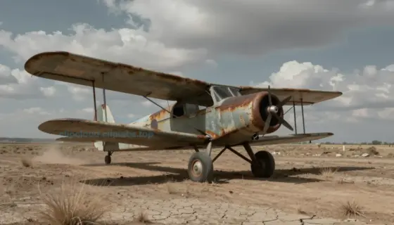 A vintage 1940s single-engine airplane with a weathered, rusted fuselage and faded paint, flying low over a barren, desolate landscape with cracked earth and sparse, dry vegetation, evoking a sense of abandonment and decay, with dramatic clouds in the sky and a muted, somber color palette