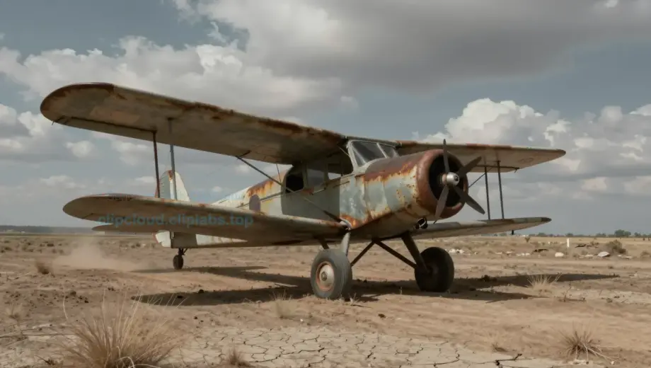 A vintage 1940s single-engine airplane with a weathered, rusted fuselage and faded paint, flying low over a barren, desolate landscape with cracked earth and sparse, dry vegetation, evoking a sense of abandonment and decay, with dramatic clouds in the sky and a muted, somber color palette