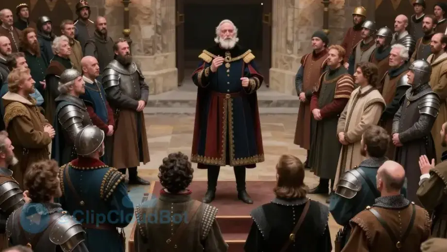 A dramatic historical scene depicting the moment when the main captain's speech is being accepted, showing a large crowd of soldiers and officials gathered in a grand medieval hall or castle courtyard, with the central figure standing on a raised platform addressing the assembly, diverse period-accurate clothing including armor and noble garments, intense expressions of approval and attention, architectural details like stone walls, banners, and torches, conveying a pivotal moment of leadership