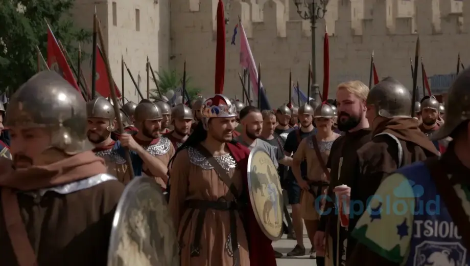 A realistic historical photograph depicting the liberation of Jerusalem during the First Crusade, showing medieval soldiers in period-accurate armor and clothing, stone city walls, banners, and a solemn atmosphere, with natural lighting and detailed textures