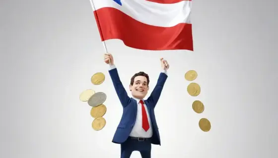A symbolic representation of Austria refusing to send more money to the EU. The image should feature the Austrian flag (red-white-red) and the EU flag (blue with yellow stars) in a state of separation or conflict. Perhaps the Austrian flag is being pulled away from the EU flag, or a hand is holding back a stream of coins flowing from Austria to the EU. The mood should be serious and political.