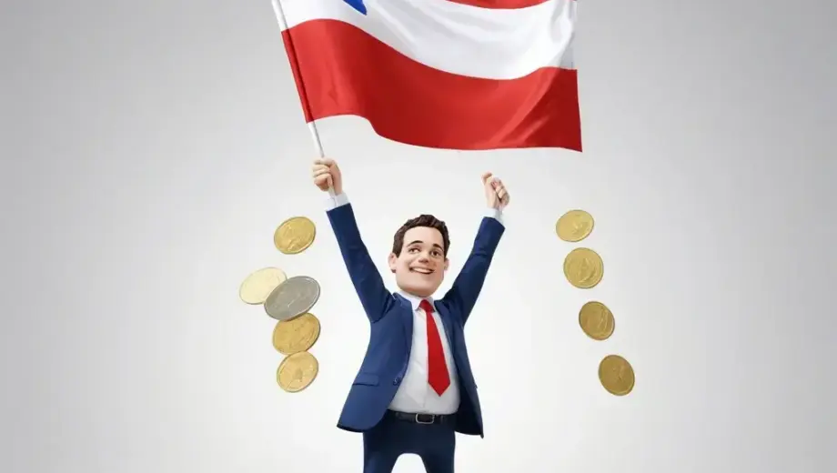 A symbolic representation of Austria refusing to send more money to the EU. The image should feature the Austrian flag (red-white-red) and the EU flag (blue with yellow stars) in a state of separation or conflict. Perhaps the Austrian flag is being pulled away from the EU flag, or a hand is holding back a stream of coins flowing from Austria to the EU. The mood should be serious and political.