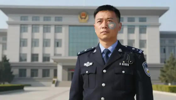 A professional portrait of a man in a formal uniform, likely a municipal police officer or official, standing in front of a modern government building. The man should have a serious and authoritative expression. The setting should be outdoors during the day, with clear skies and good lighting. The image should convey a sense of official duty and leadership.