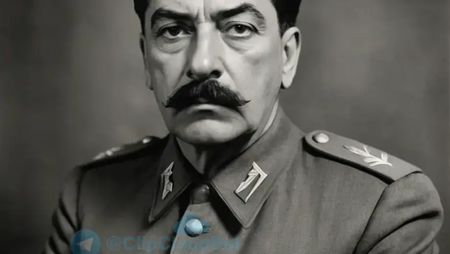 A historical black and white photograph of Joseph Stalin, looking serious and contemplative, possibly in a military uniform or suit, with a subtle background suggesting a political setting. The image should have a vintage, grainy texture typical of mid-20th century photography.