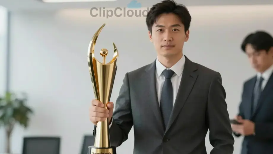 A professional, high-quality photograph of a man in a business suit standing confidently next to a large, elegant trophy. The trophy is the Superbrands award, featuring a distinct, modern design. The background is a clean, well-lit office or event space with soft bokeh, emphasizing the subject and the award. The image should convey success, prestige, and corporate achievement.