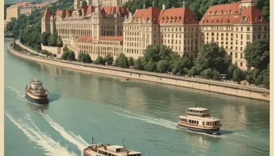 A vintage-style illustration depicting a hydroplane flying low over the Danube River in Budapest, with the city's iconic architecture (including the Parliament building) visible in the background. The scene should evoke a nostalgic, mid-20th-century atmosphere, perhaps with a ticket stub or old currency subtly integrated into the composition to hint at the 'double price' theme. The style should be reminiscent of old travel posters or historical illustrations.