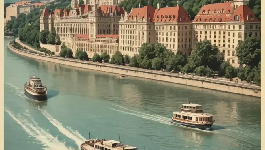 A vintage-style illustration depicting a hydroplane flying low over the Danube River in Budapest, with the city's iconic architecture (including the Parliament building) visible in the background. The scene should evoke a nostalgic, mid-20th-century atmosphere, perhaps with a ticket stub or old currency subtly integrated into the composition to hint at the 'double price' theme. The style should be reminiscent of old travel posters or historical illustrations.