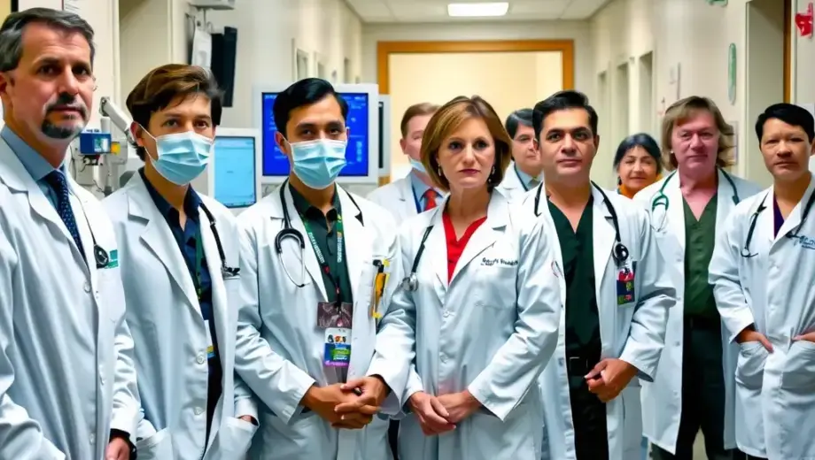 A group of doctors in white coats standing together in a hospital hallway, looking concerned and preparing for an emergency, with medical equipment and monitors in the background, conveying urgency and teamwork