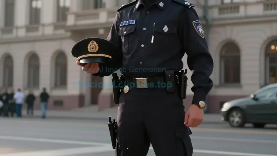 A dramatic, high-detail scene showing a Hungarian police officer (rendőr) in a dark uniform with a badge, standing confidently in front of a large, ornate Hungarian police station building with Hungarian flags. The officer is holding a traditional police cap in one hand and a radio in the other, looking determined. The background shows a city street with subtle hints of a crowd or media presence, suggesting public interest. The lighting is cinematic, with soft sunlight casting long shadows, emph