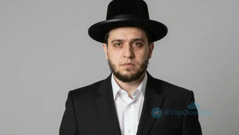 A portrait of a young man with short dark hair and a serious expression, wearing traditional Jewish religious attire including a black suit, white shirt, and black hat, standing against a plain neutral background