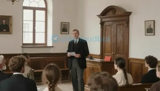 A historical scene depicting a lecture or presentation about the heritage of the Miskolc Jewish community, showing a speaker addressing an attentive audience in a traditional synagogue or community hall, with period-appropriate clothing and architectural details