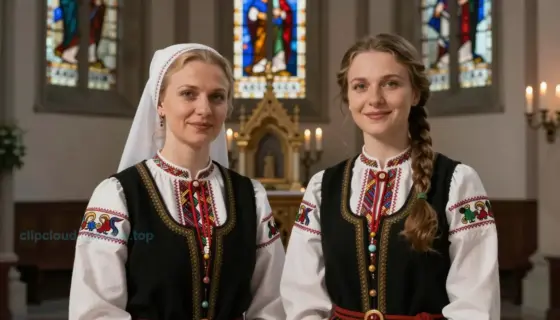 A portrait of Dr. Hortai Rita and Dr. Katalin Kardos at the Ars Sacra festival in Miskolc, both wearing traditional Hungarian folk costumes with subtle sacred art motifs, standing in front of a medieval church interior with stained glass windows and candlelit ambiance, soft lighting highlighting their faces and the ornate details of their attire, conveying reverence and cultural heritage