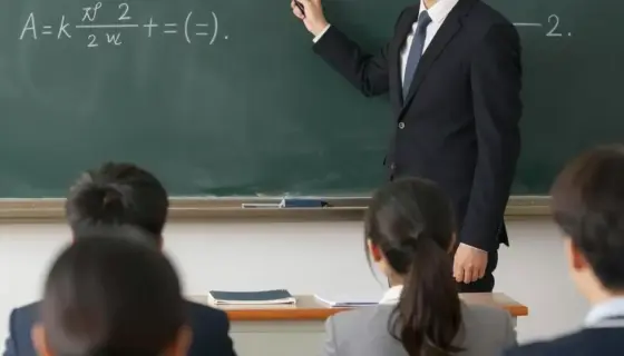 A teacher in formal attire standing in a classroom, holding a pointer and writing on a blackboard with Hungarian mathematical equations, students seated at desks looking attentive, warm classroom lighting, detailed educational setting