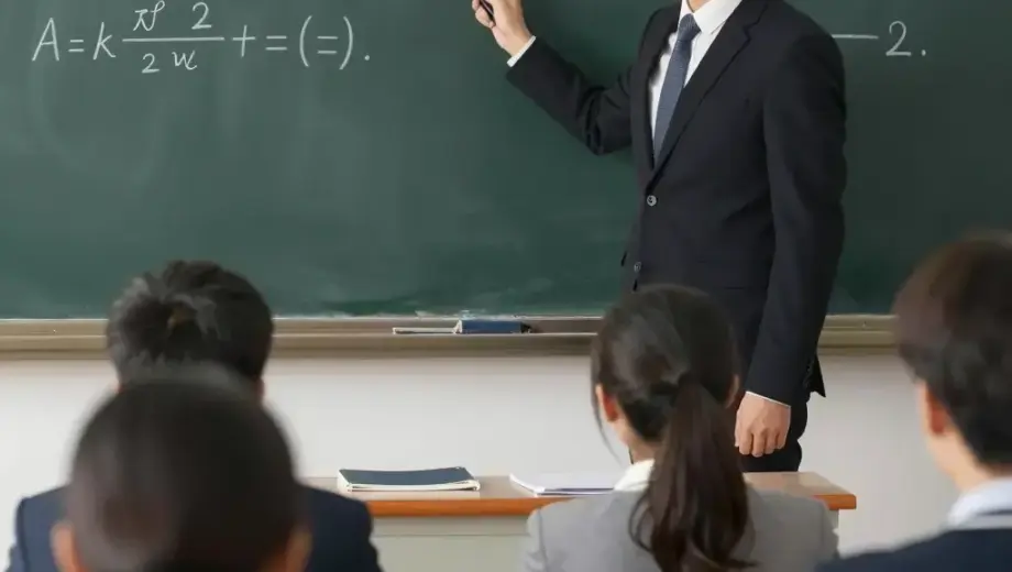 A teacher in formal attire standing in a classroom, holding a pointer and writing on a blackboard with Hungarian mathematical equations, students seated at desks looking attentive, warm classroom lighting, detailed educational setting