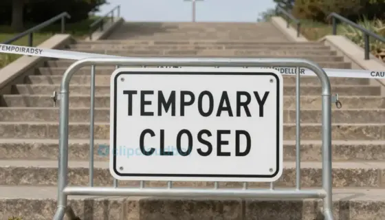 A temporary closure sign blocking the entrance to Calvary steps, showing a metal barrier or tape across stone stairs leading up to a hill with a cross, daytime scene with clear visibility, realistic perspective