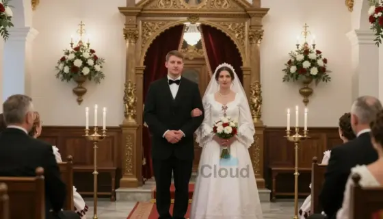 A traditional Hungarian Jewish wedding ceremony in a historic synagogue, featuring a bride in a white dress and groom in a black coat, ornate decorations, candles, and festive decorations, with a sense of celebration and cultural heritage