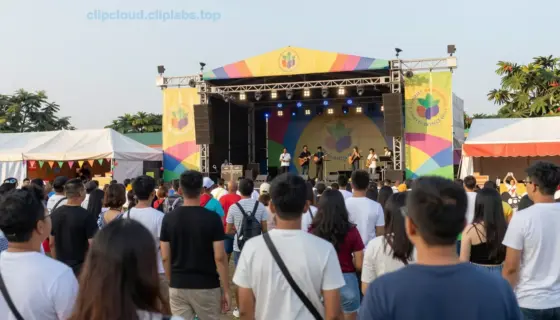 A vibrant festival scene at the start of a 10-hour event, showing a diverse crowd of people gathering near a main stage with colorful banners, food stalls, and musical instruments, under a bright daytime sky with soft sunlight, capturing the energetic and joyful atmosphere of the beginning of a long celebration