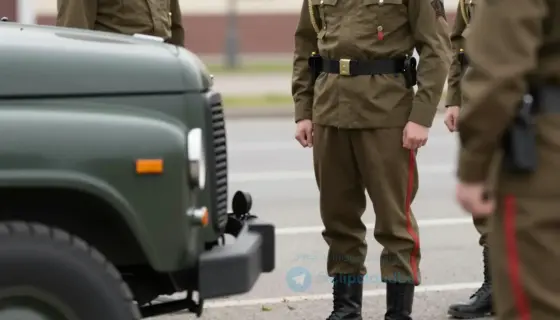 A Hungarian military officer in uniform standing beside a vehicle, with a soldier's boot visible near the officer's foot, suggesting a moment of interaction or tension, realistic lighting, detailed uniforms, outdoor setting with blurred background