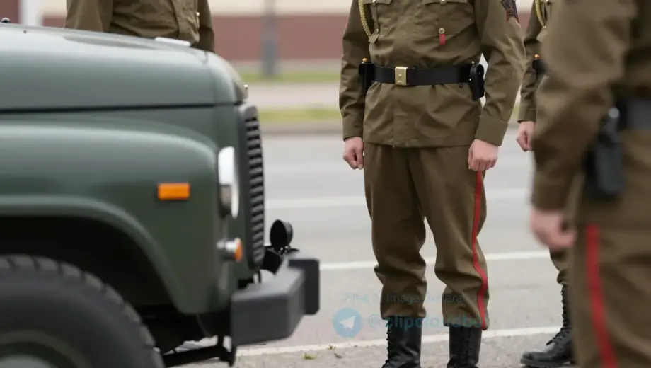 A Hungarian military officer in uniform standing beside a vehicle, with a soldier's boot visible near the officer's foot, suggesting a moment of interaction or tension, realistic lighting, detailed uniforms, outdoor setting with blurred background