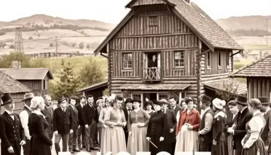 A historical scene depicting the FOKOZOTT ELLENŐRZÉS (Fokozott's election) in Borsod-Abaúj-Zemplén County, showing a formal gathering of local officials and community members in traditional 19th-century Hungarian attire, with a prominent wooden town hall or administrative building in the background, set in a rural Hungarian landscape with rolling hills and farmland