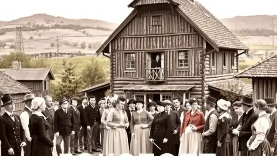 A historical scene depicting the FOKOZOTT ELLENŐRZÉS (Fokozott's election) in Borsod-Abaúj-Zemplén County, showing a formal gathering of local officials and community members in traditional 19th-century Hungarian attire, with a prominent wooden town hall or administrative building in the background, set in a rural Hungarian landscape with rolling hills and farmland