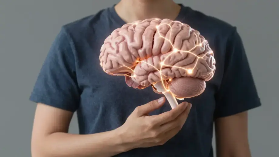 A person with a visibly stopped heart (symbolized by a still heart icon or imagery) while their brain continues to function, depicted through glowing neural activity, active thoughts, or a working mind, in a realistic or illustrative style