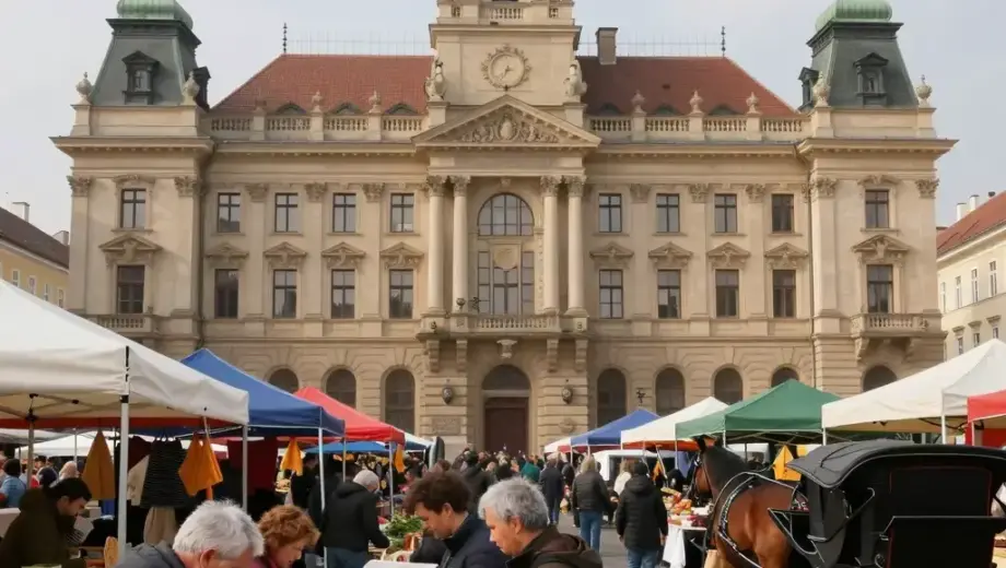 A bustling Miskolc city market scene with a prominent city hall building in the background, showing vendors selling goods, people shopping, and horse-drawn carriages, illustrating how efficient city administration contributed to the market's success