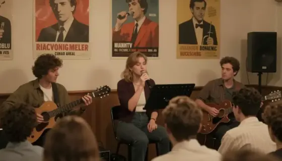 A nostalgic concert scene in a retro-style forum hall, with vintage posters, warm lighting, and a crowd of people enjoying a live performance, evoking 1990s Hungarian internet forum culture