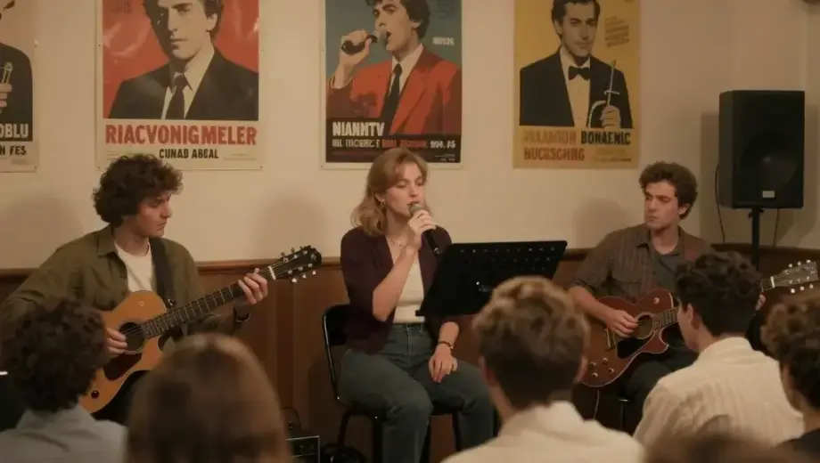 A nostalgic concert scene in a retro-style forum hall, with vintage posters, warm lighting, and a crowd of people enjoying a live performance, evoking 1990s Hungarian internet forum culture